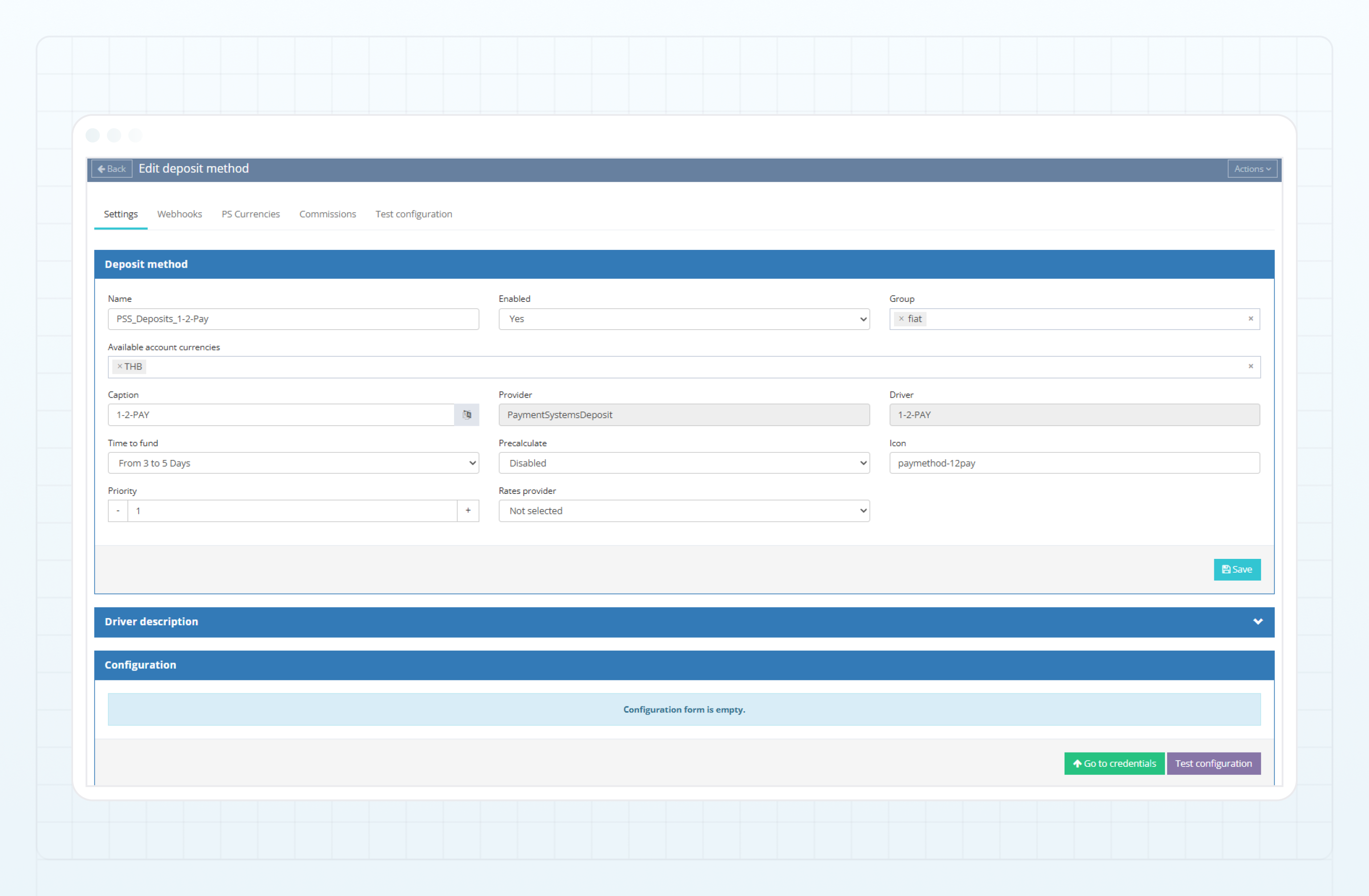 1-2-Pay deposit method — Settings tab