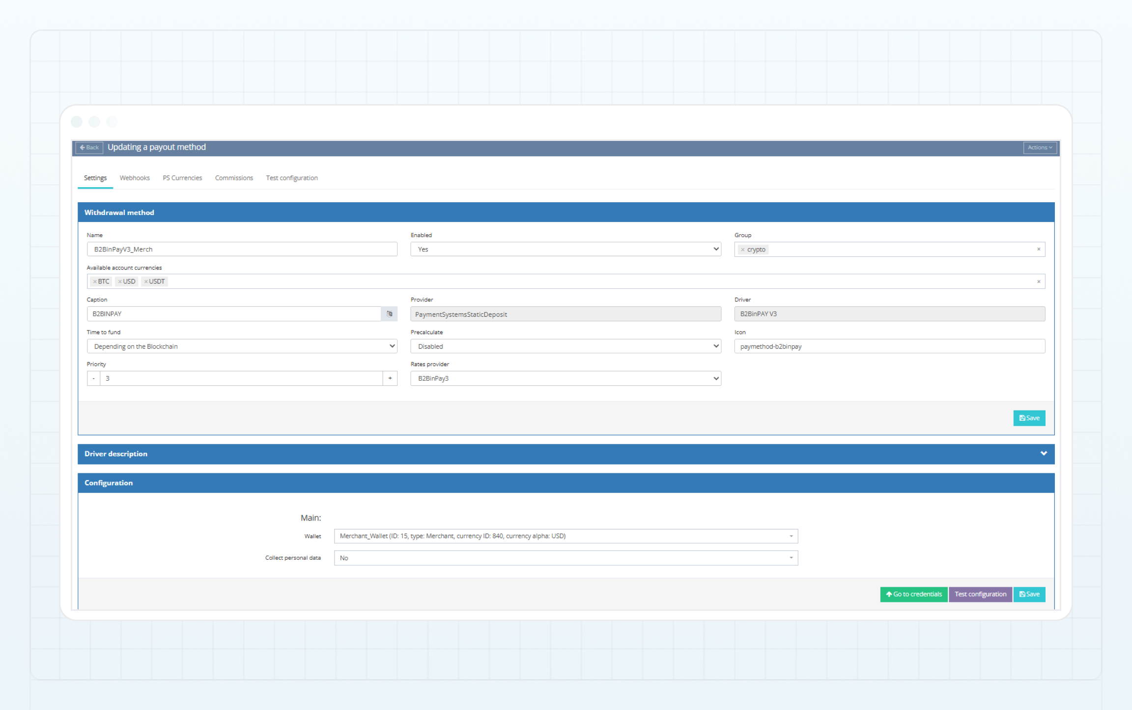 B2BINPAY deposit method — Settings tab