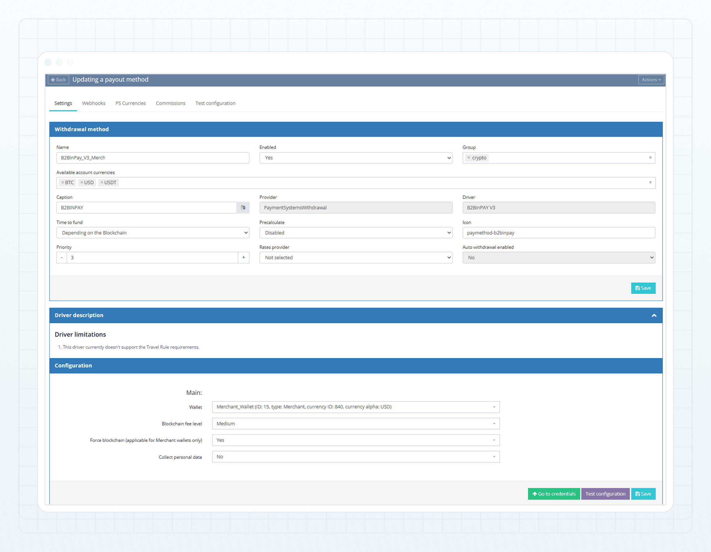 B2BINPAY withdrawal method — Settings tab