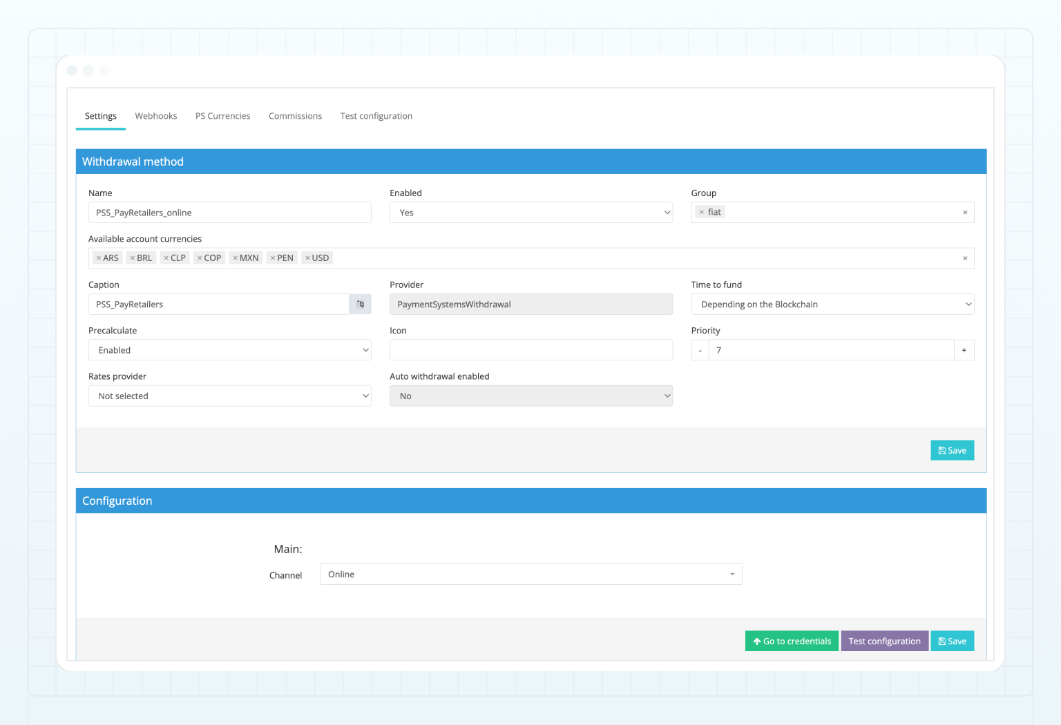 PayRetailers withdrawal method — Settings tab