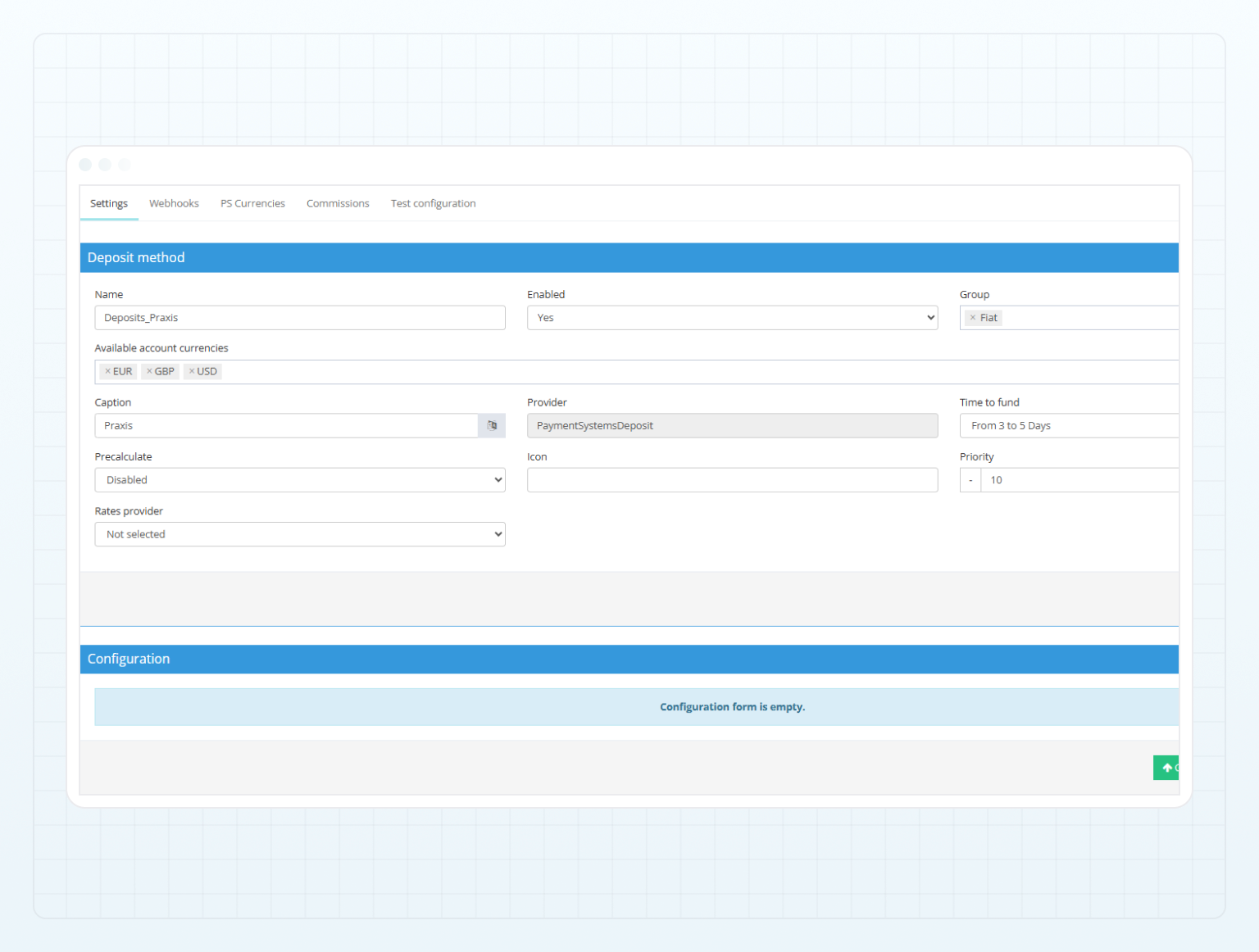 Praxis deposit method — Settings tab