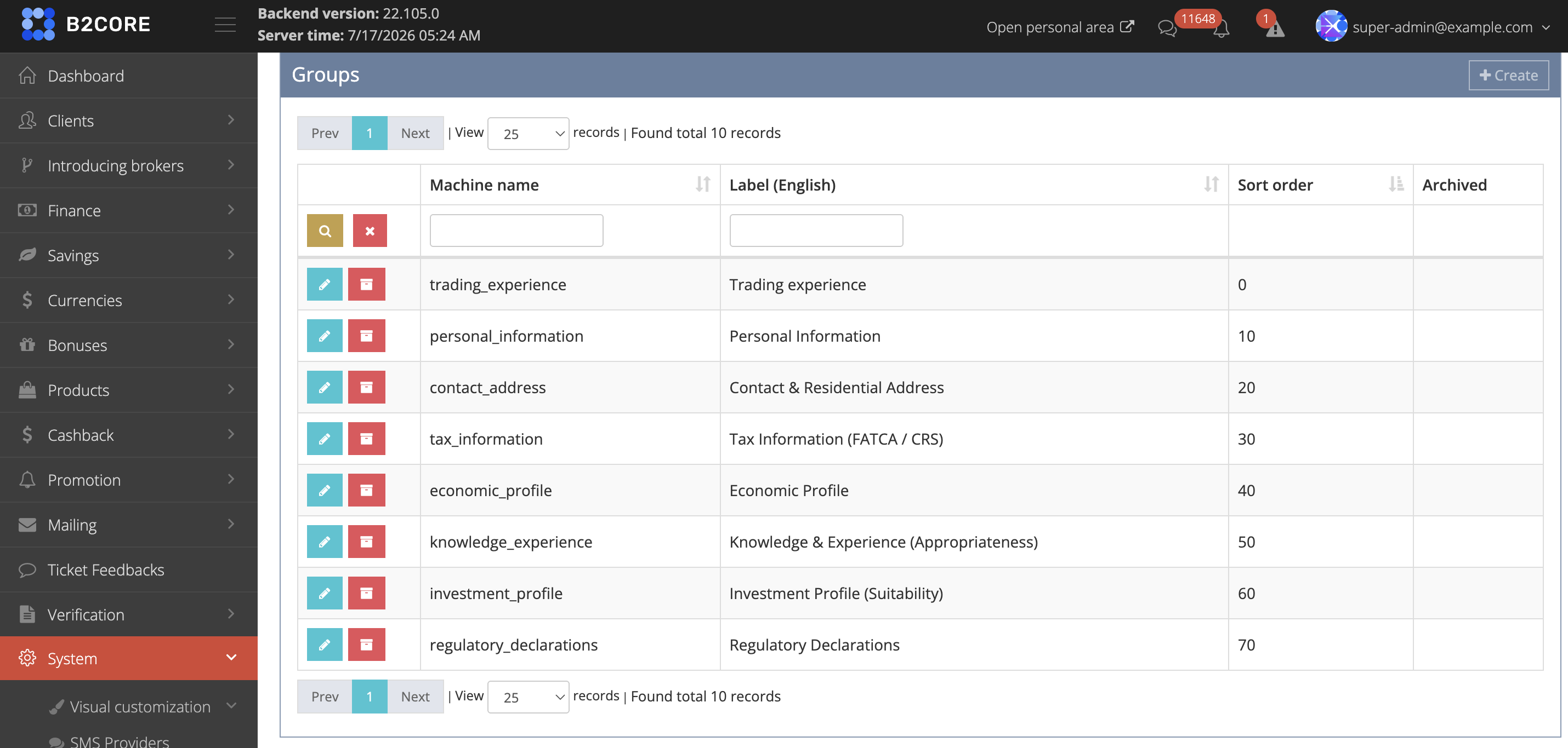 Groups page in the System > Custom Fields menu