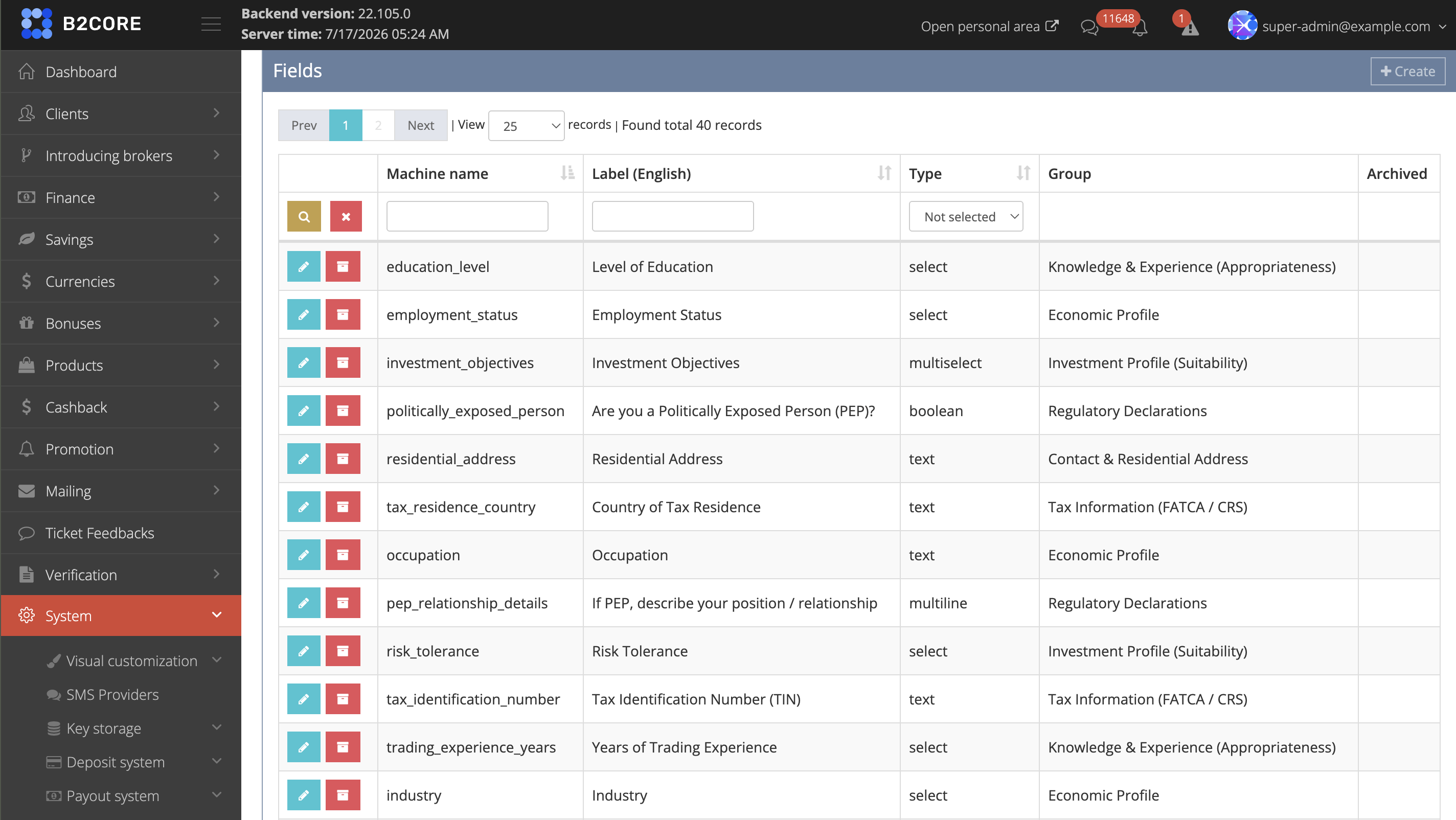 Fields page in the System > Custom Fields menu