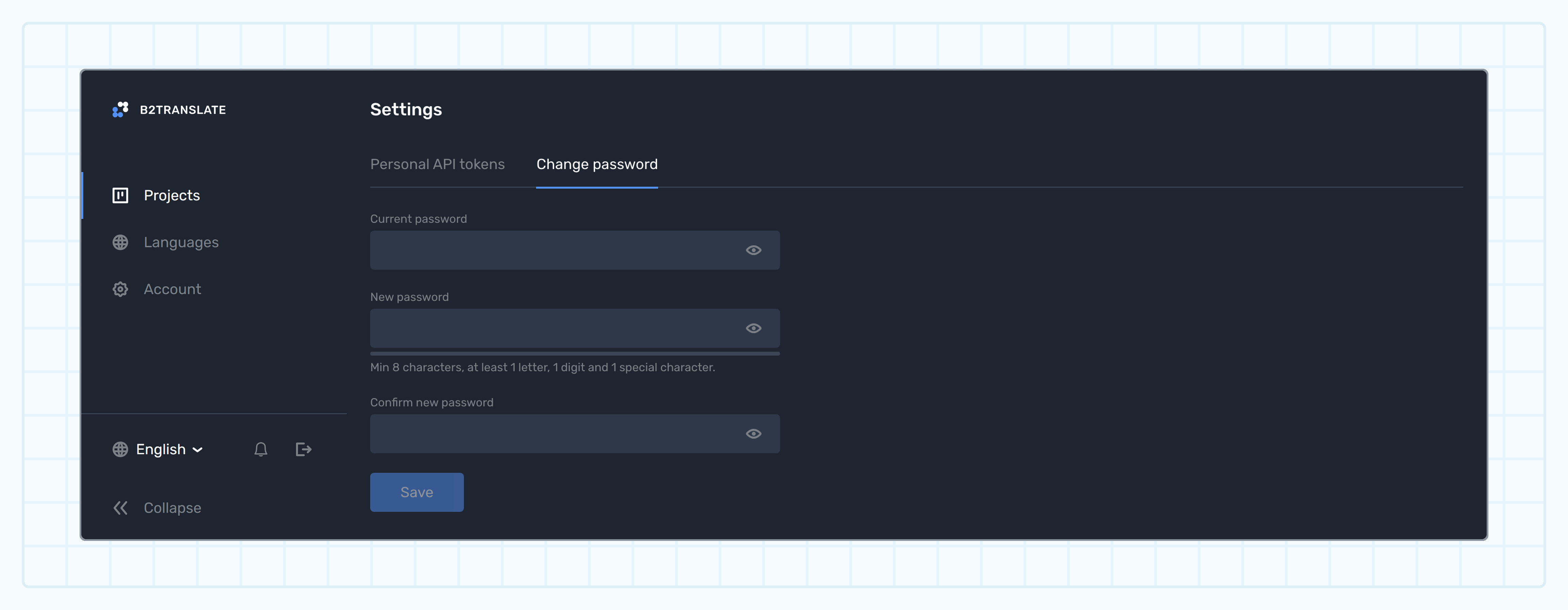 The Change password tab on the Settings page