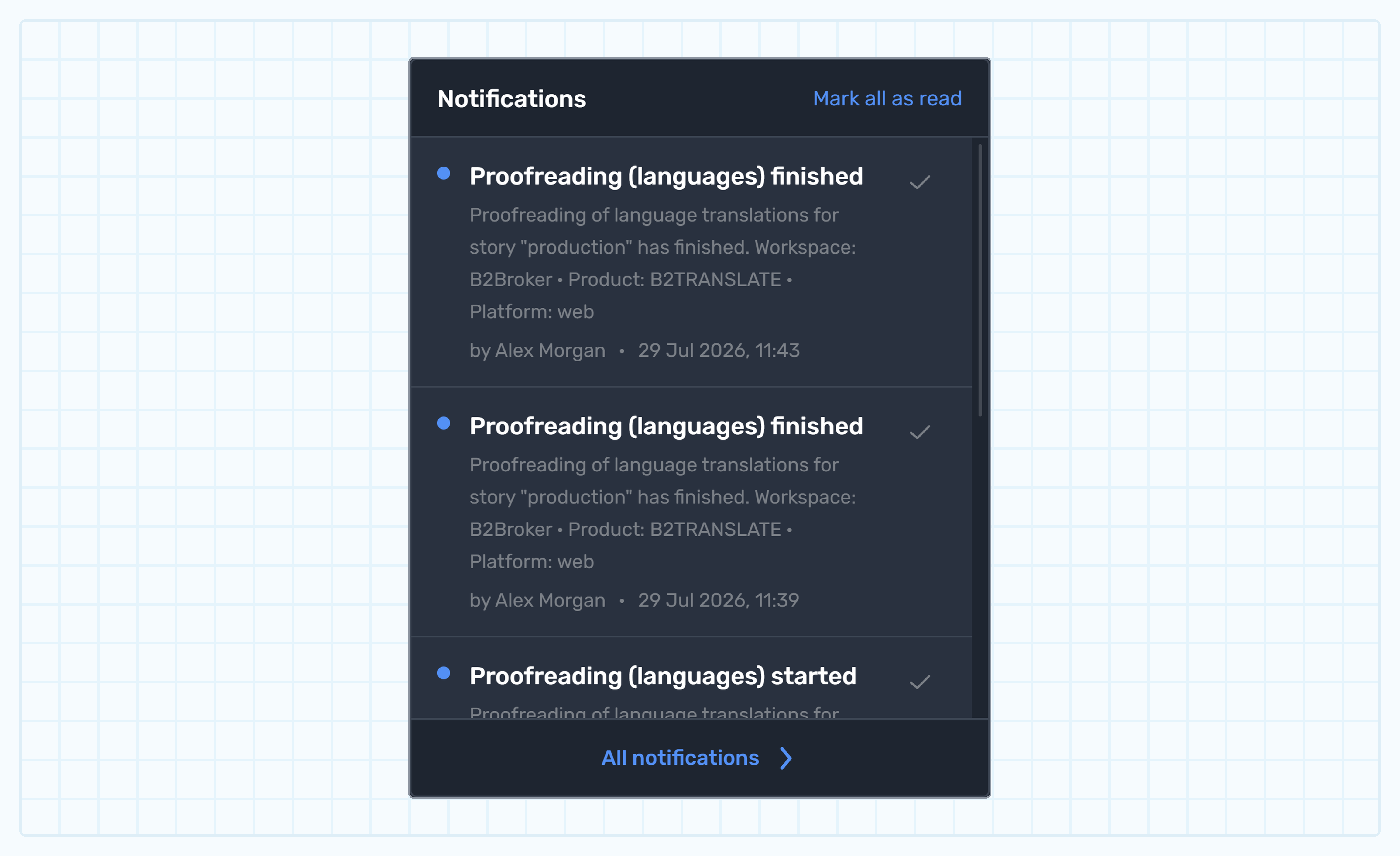 The notifications panel opened from the sidebar bell
